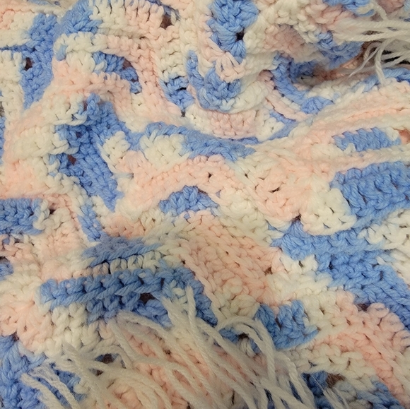 Blue, pink, and white baby Afghan hand-made with Fringe - Picture 4 of 7